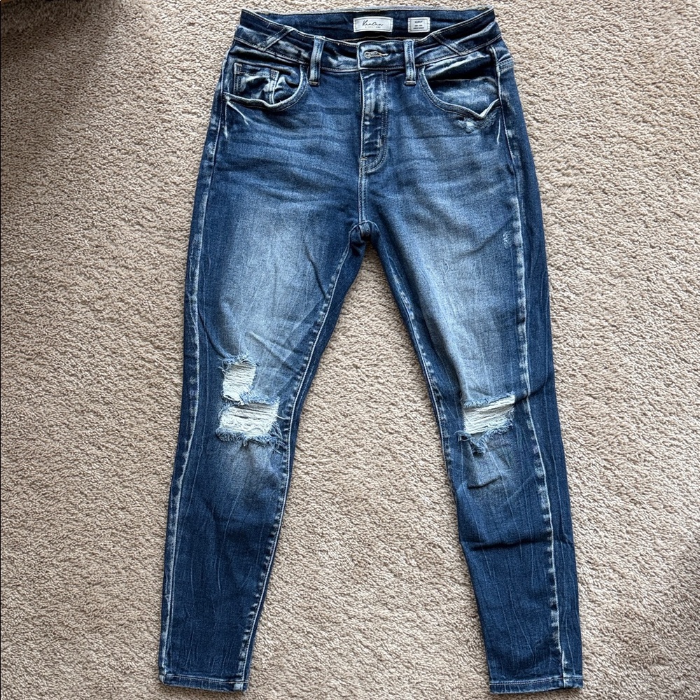 KanCan Kurvy Mid Rise Distressed Skinny Jeans in Blue Wash